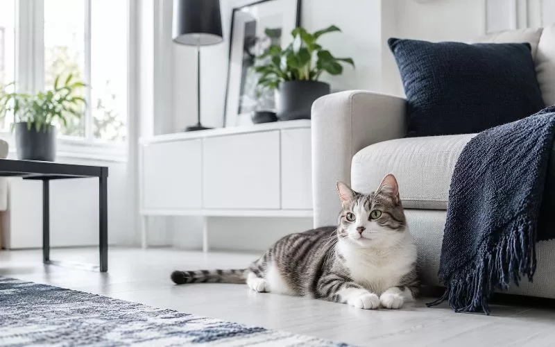 A relaxed tabby cat resting beside a white sofa in a bright modern living room with light gray flooring and navy accents.
