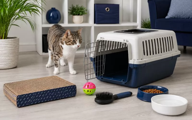 A curious tabby cat standing near a cat carrier, scratching pad, brush, food bowl, water bowl, and colorful toy in a bright modern home.