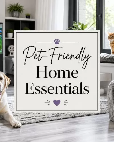 Modern pet-friendly living room with dog, orange cat, birds, fish tank, and title text about home essentials