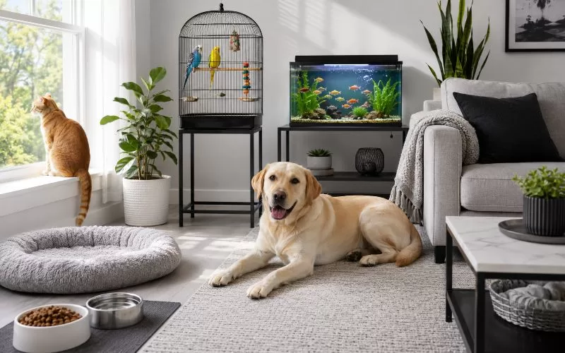 Bright modern living room with a dog, orange cat, birds, and colorful fish tank in a pet-friendly home
