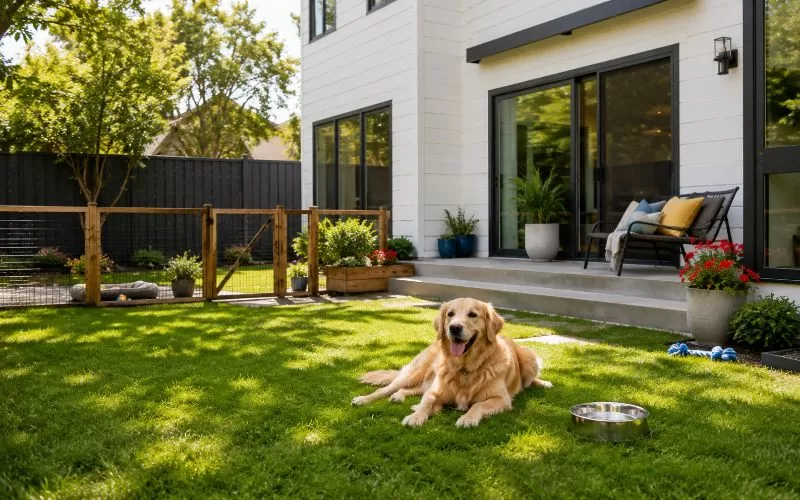 Dog relaxing in a bright green fenced backyard with shade, water, and colorful plants