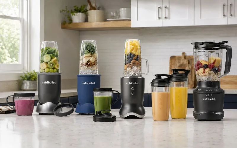 Five NutriBullet blender models arranged with smoothie cups and fresh ingredients in a bright white and navy kitchen.