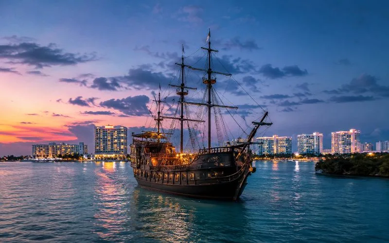 Spanish-style galleon with illuminated decks sailing through Cancun’s Nichupté Lagoon at twilight.