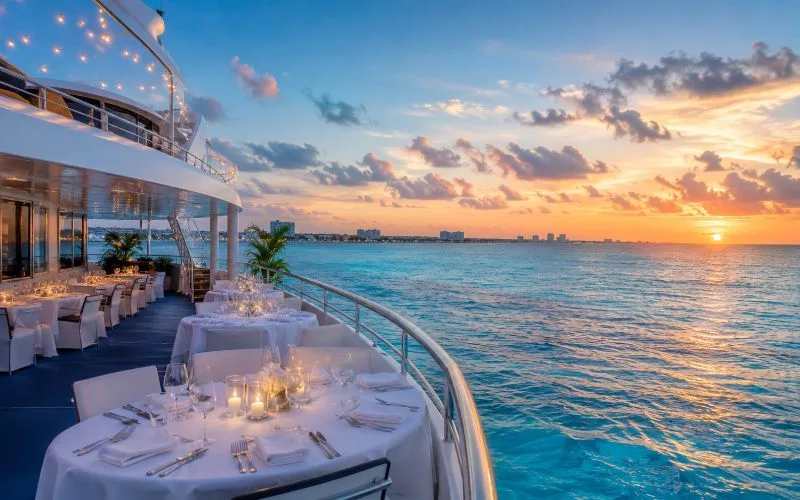 Elegant Cancun dinner cruise boat with white dining tables overlooking turquoise water at sunset.
