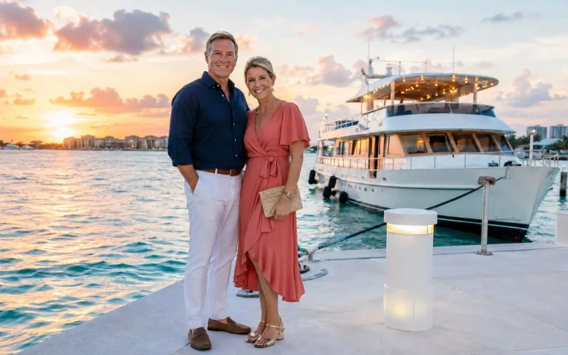Middle-aged couple wearing polished resort-casual clothing beside a Cancun dinner cruise boat at sunset.