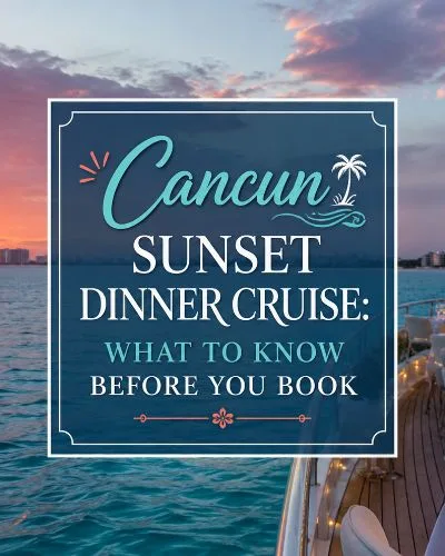 Cancun sunset dinner cruise with an elegant dining deck, turquoise water, and the article title centered over the scene.
