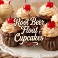 Root beer float cupcakes topped with cherries on a cake stand with decorative title text over the center.