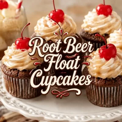 Root beer float cupcakes topped with cherries on a cake stand with decorative title text over the center.
