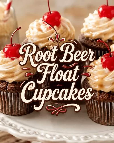 Root beer float cupcakes topped with cherries on a cake stand with decorative title text over the center.