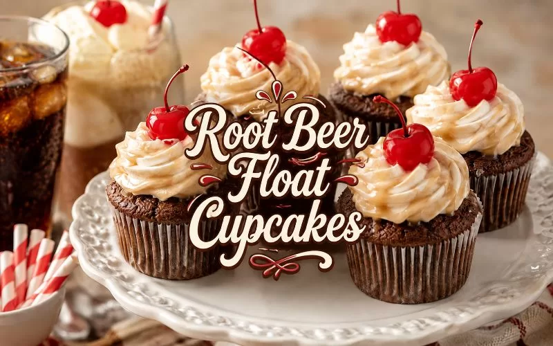 Root beer float cupcakes topped with cherries on a cake stand with decorative title text over the center.