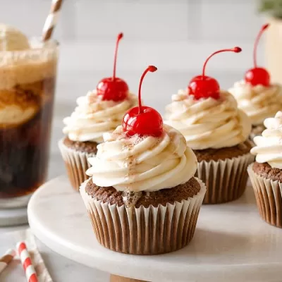 Frosted root beer cupcakes topped with maraschino cherries on a cake stand beside a root beer float and striped paper straws.