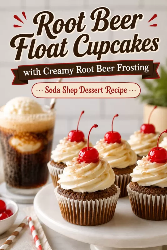 Root beer float cupcakes with creamy frosting and maraschino cherries displayed with a root beer float and promotional recipe text.