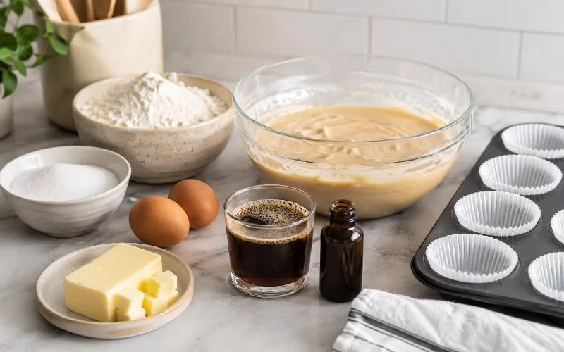 Cupcake batter in a mixing bowl with flour, sugar, butter, eggs, root beer, extract, and cupcake liners on a light kitchen counter.