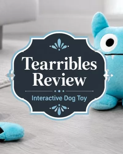 Blue Tearribles plush dog toy on a light gray floor with centered text that reads Tearribles Review and Interactive Dog Toy.