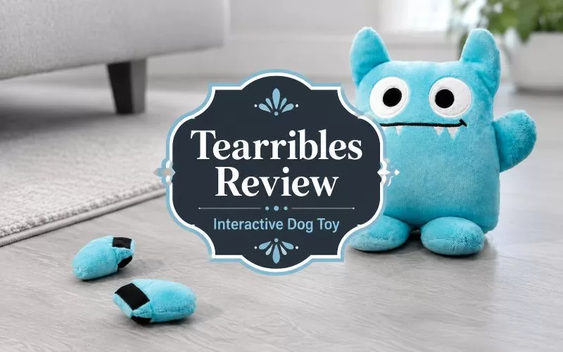 Blue Tearribles plush dog toy on a light gray floor with centered text that reads Tearribles Review and Interactive Dog Toy.