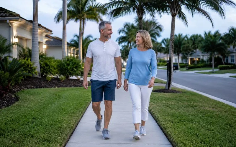 Middle-aged couple taking a comfortable after-dinner walk together through a palm-lined Florida neighborhood.