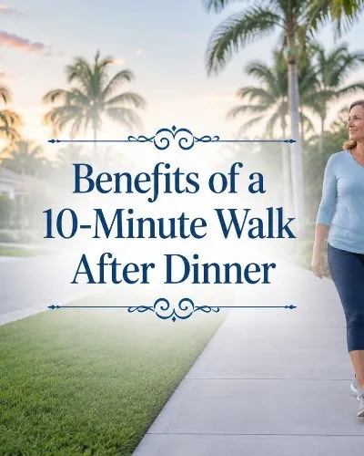 Middle-aged woman walking through a Florida neighborhood with the title “Benefits of a 10-Minute Walk After Dinner” centered over the scene.