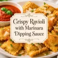 Crispy ravioli with marinara dipping sauce, Parmesan, and fresh basil with decorative recipe title text.