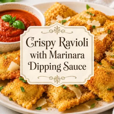 Crispy ravioli with marinara dipping sauce, Parmesan, and fresh basil with decorative recipe title text.