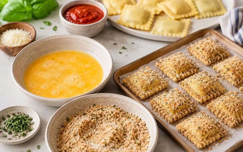 Cheese ravioli being coated with egg mixture and seasoned breadcrumb Parmesan coating before baking.