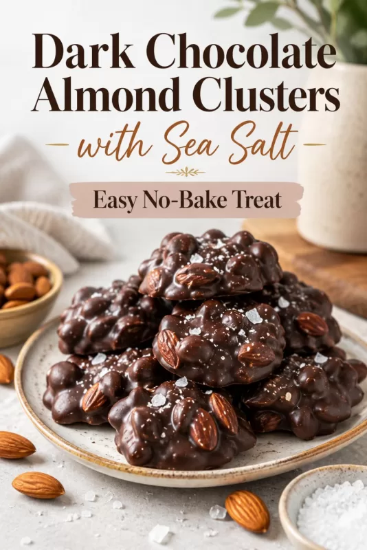 Dark chocolate almond clusters with sea salt stacked on a plate with almonds, salt, and promotional recipe text.