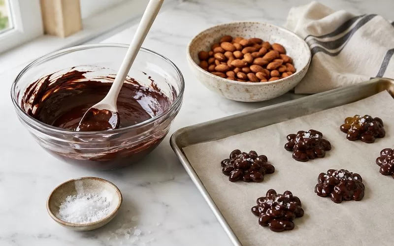 Melted dark chocolate, whole almonds, flaky sea salt, and chocolate almond clusters being spooned onto parchment paper.