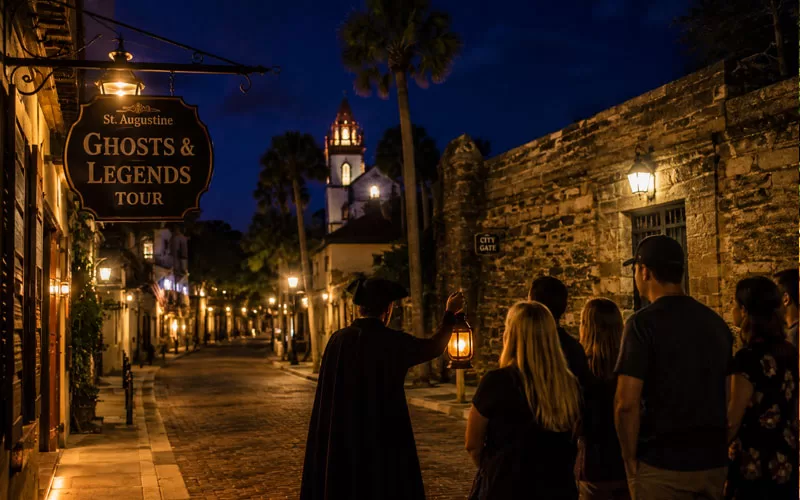 Nighttime ghost tour in historic St. Augustine with lantern guide, cobblestone streets, historic buildings, and glowing streetlights.