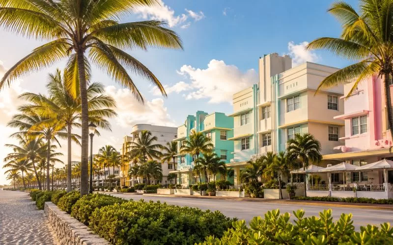 iami-inspired street scene with pastel coastal buildings, palm trees, tropical greenery, and warm sunlight.