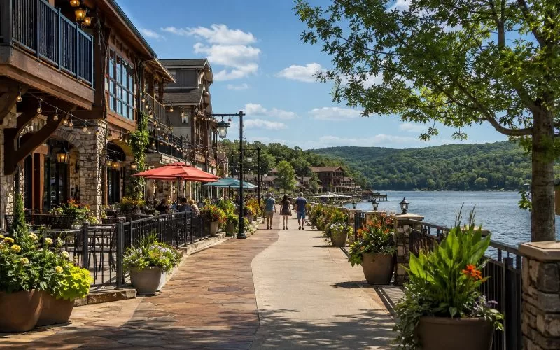 Waterfront promenade with restaurant patios, planters, storefronts, and a calm lake view.