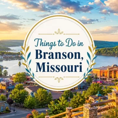 Scenic Branson-inspired lake and Ozarks vacation view with decorative centered title text.