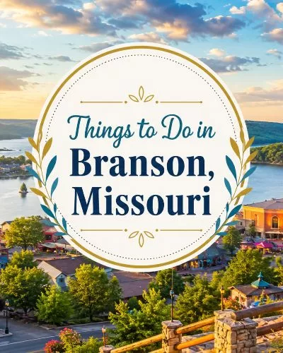 Scenic Branson-inspired lake and Ozarks vacation view with decorative centered title text.