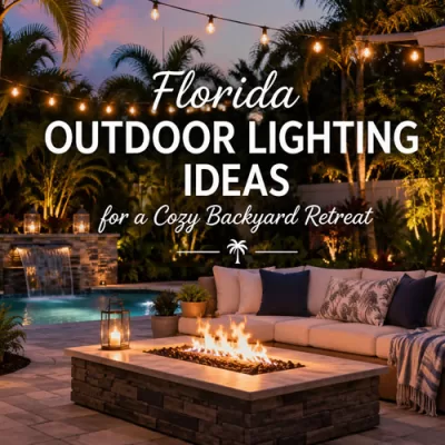 Cozy Florida backyard patio with tropical landscaping, outdoor lighting, pool, and fire pit at sunset