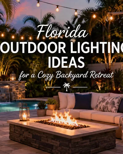 Cozy Florida backyard patio with tropical landscaping, outdoor lighting, pool, and fire pit at sunset