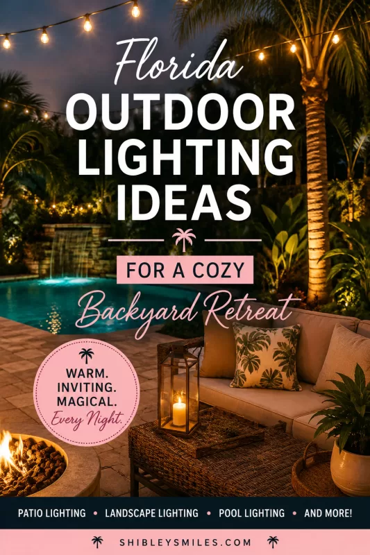 Pinterest graphic featuring Florida outdoor lighting ideas with a tropical backyard pool, patio seating, palm trees, and warm evening string lights
