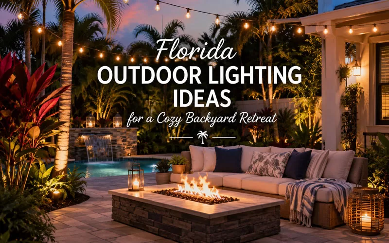 Cozy Florida backyard patio with tropical landscaping, outdoor lighting, pool, and fire pit at sunset