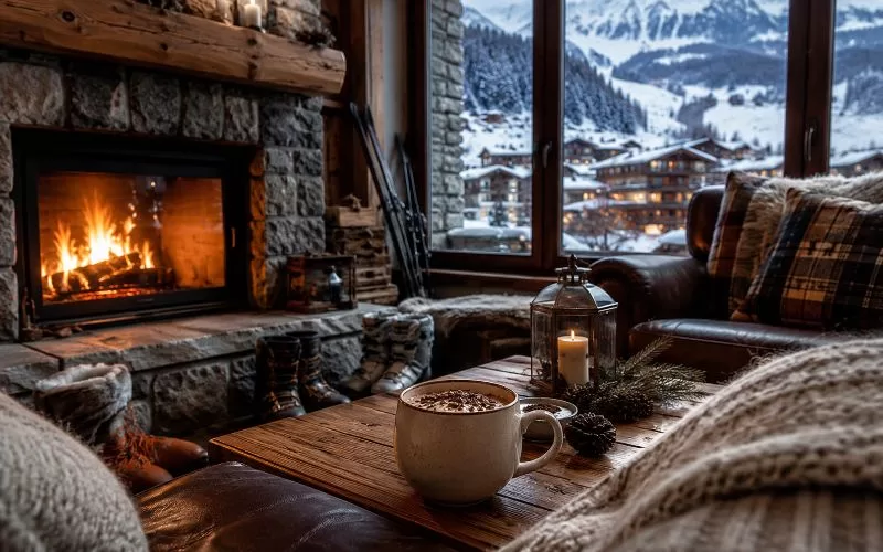 Cozy ski lodge with a fireplace, hot drink, winter boots, and snowy mountain view through the window.