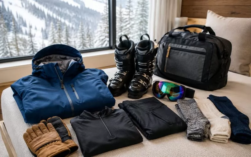 Ski jacket, boots, goggles, gloves, warm socks, and travel bag arranged near a snowy window.