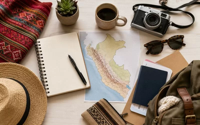 Peru travel planning flat lay with a notebook, pen, passport, camera, sunglasses, coffee, travel documents, and woven textile details.