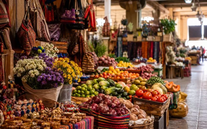 Colorful indoor Andean market with fresh produce, flowers, baskets, woven textiles, and small handmade souvenir items.