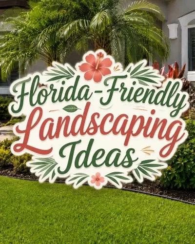 Florida front yard with tropical landscaping and centered decorative text that reads Florida-Friendly Landscaping Ideas