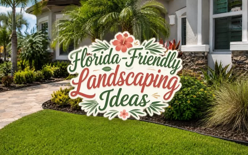 Florida front yard with tropical landscaping and centered decorative text that reads Florida-Friendly Landscaping Ideas