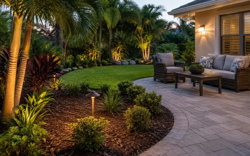 Backyard patio seating area with simple landscaping, mulch beds, palm trees, and soft outdoor lighting at dusk.