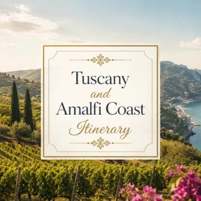 Italy-inspired vineyard hills and coastline with decorative title text for a Tuscany and Amalfi Coast itinerary.
