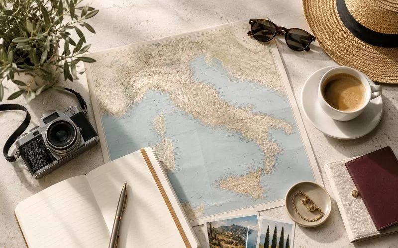 Travel-planning flat lay with a map of Italy, notebook, pen, sunglasses, coffee cup, camera, and passport.