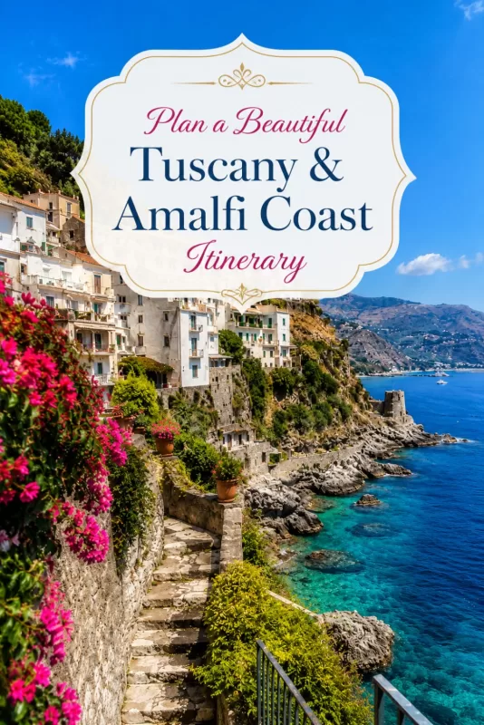 Vertical travel image with a colorful cliffside coastal village, bright blue water, pink flowers, and itinerary text.
