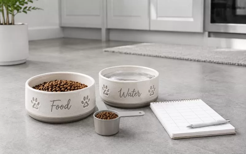 Decorative dog food and water bowls with paw prints, a measuring scoop of kibble, and a blank feeding checklist on a gray kitchen floor.