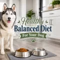 Siberian husky sitting in a bright kitchen beside food and water bowls with decorative title text about a healthy balanced diet for dogs.