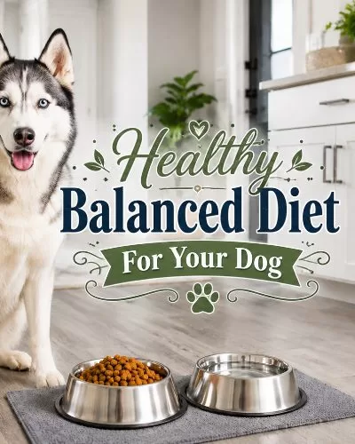 Siberian husky sitting in a bright kitchen beside food and water bowls with decorative title text about a healthy balanced diet for dogs.