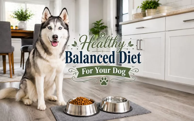 Siberian husky sitting in a bright kitchen beside food and water bowls with decorative title text about a healthy balanced diet for dogs.