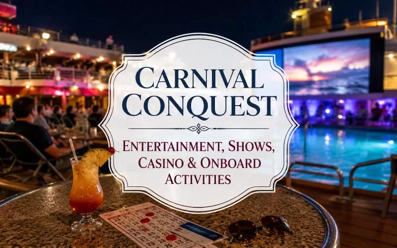 Cruise ship pool deck at night with decorative title text for Carnival Conquest entertainment, shows, casino, and onboard activities.